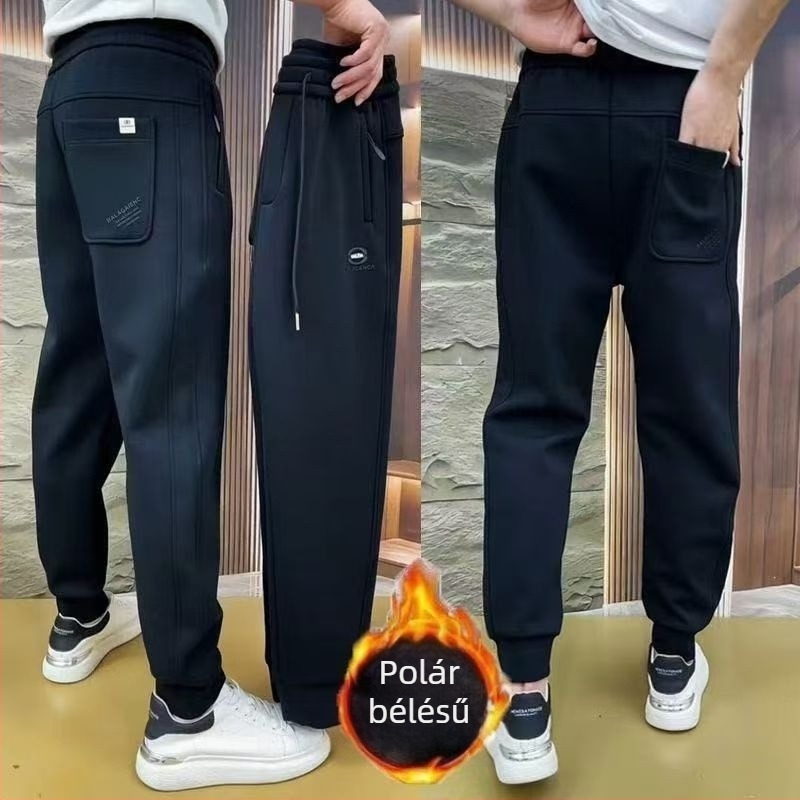 Fleece-béléses vastag férfi casual nadrág, lazán szabott jogger-stílusú sportos melegítőnadrág, 2025 ősz-tél