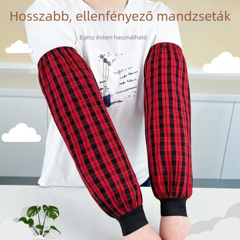 Hosszú pamutból készült kockás munkás ujjvédők, vízálló, szennyeződés- és olajálló