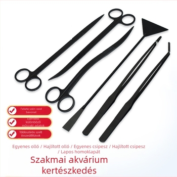 Akváriumi rozsdamentes acél eszközök készlet: víz alatti növényekhez csipesz, sík homokkanál és olló (Anyag: rozsdamentes acél; Vég formája: egyenes fej; Tartalmazza: csipesz, sík homokkanál, olló)