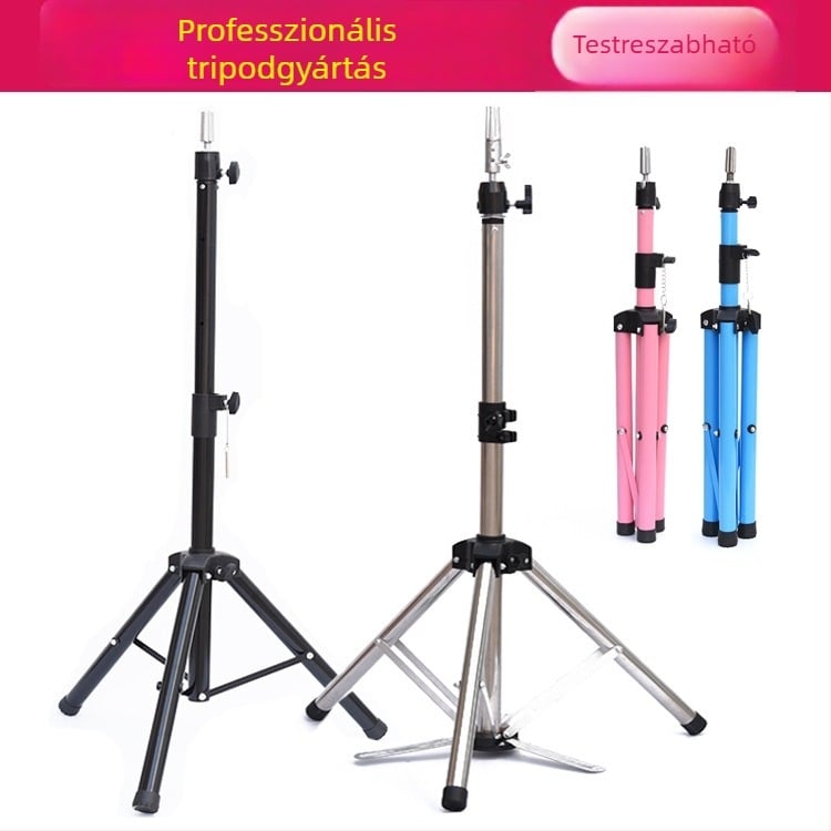 Parókafej tripod állvánnyal – hosszú selyem haj, hosszú göndör fürrok frufjval, festhető, fejformázó támogatás