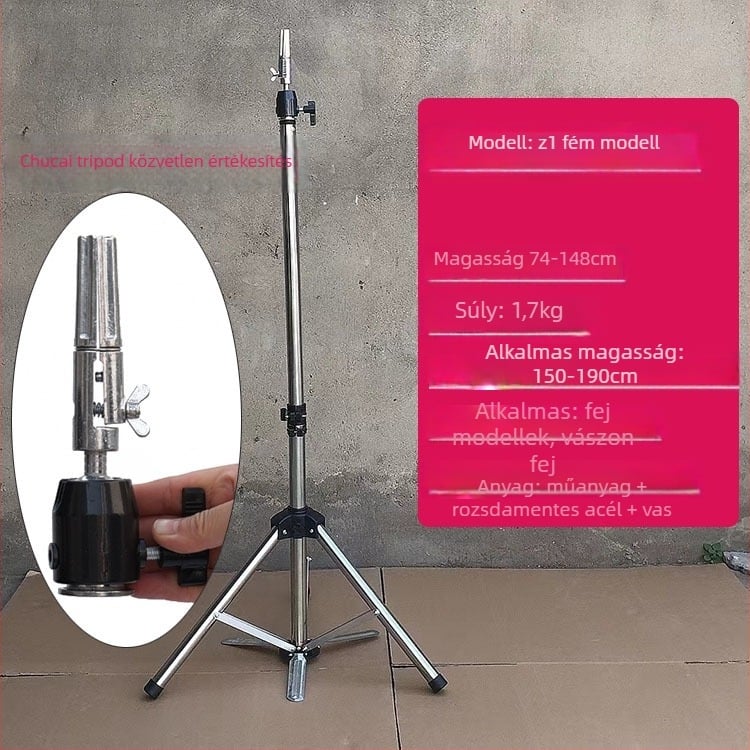 Parókafej tripod állvánnyal – hosszú selyem haj, hosszú göndör fürrok frufjval, festhető, fejformázó támogatás