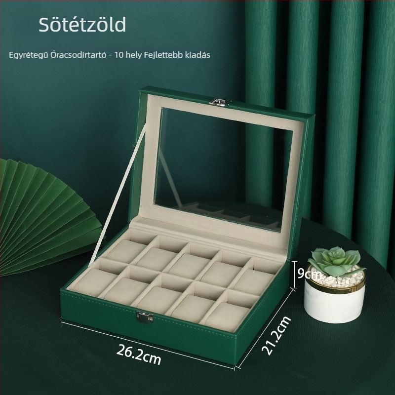 Kétrétegű fából készült ékszerdoboz 12 rekesz és nyitott ablakos kijelzővel órák és karkötők számára