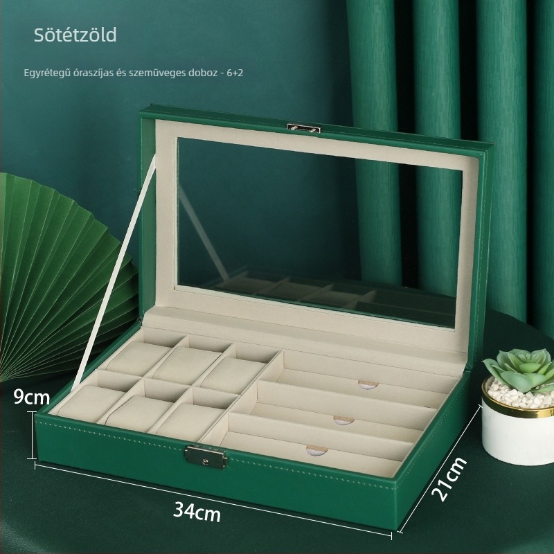 Kétrétegű fából készült ékszerdoboz 12 rekesz és nyitott ablakos kijelzővel órák és karkötők számára