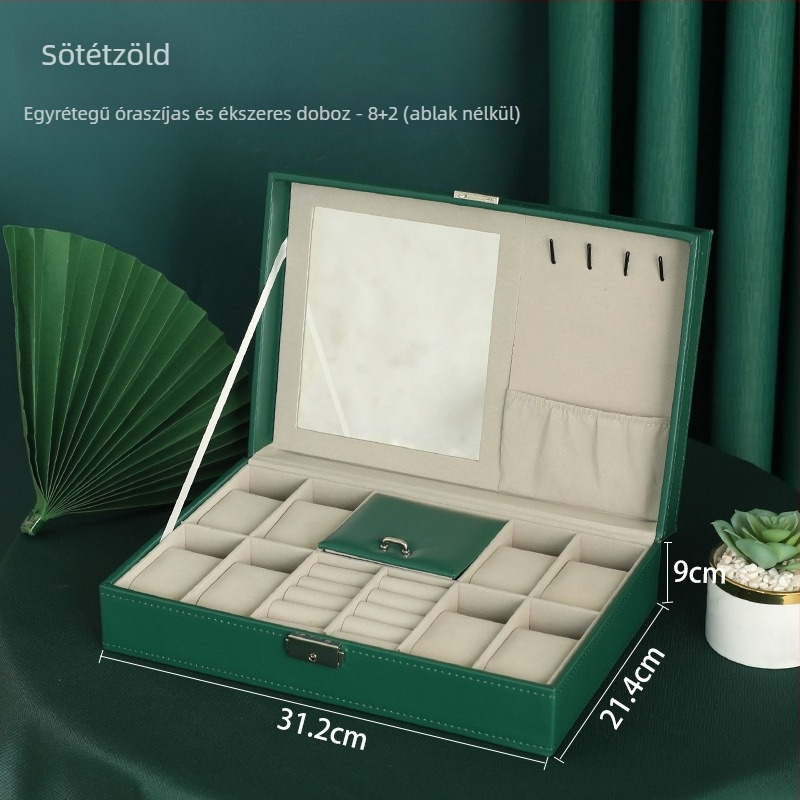 Kétrétegű fából készült ékszerdoboz 12 rekesz és nyitott ablakos kijelzővel órák és karkötők számára