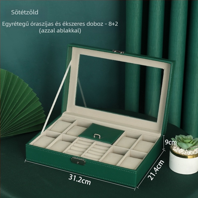 Kétrétegű fából készült ékszerdoboz 12 rekesz és nyitott ablakos kijelzővel órák és karkötők számára