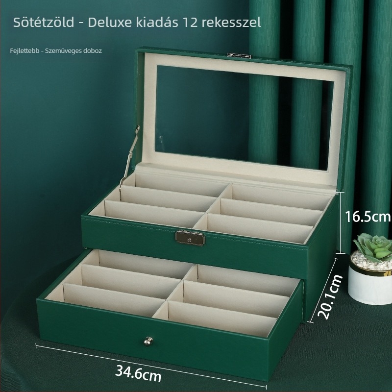 Kétrétegű fából készült ékszerdoboz 12 rekesz és nyitott ablakos kijelzővel órák és karkötők számára