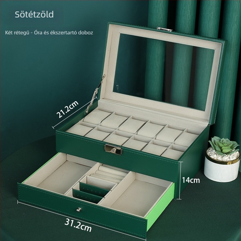 Kétrétegű fából készült ékszerdoboz 12 rekesz és nyitott ablakos kijelzővel órák és karkötők számára