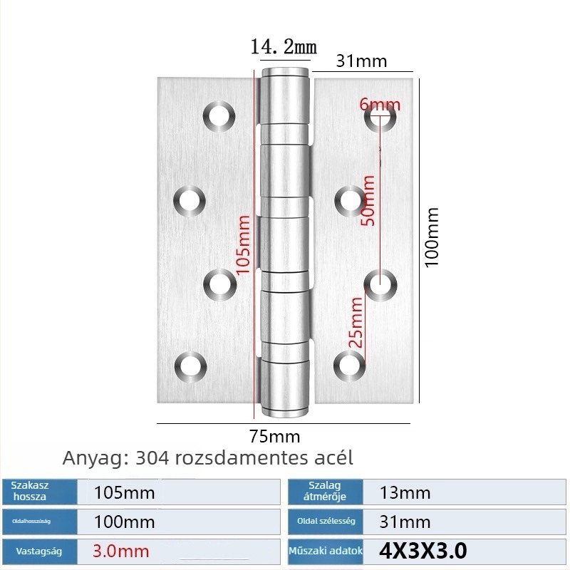 304 rozsdamentes acél összecsukható zsanér faajtókhoz és bútorokhoz, csiszolt felülettel, 3 mm vastagság, modell 3043, halk működés