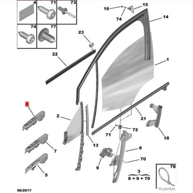 Bal oldali első ablakemelő kapcsoló Peugeot-Citroën C4L-hez, modellek 98068844ZD / 98009290ZD, OuLianPei