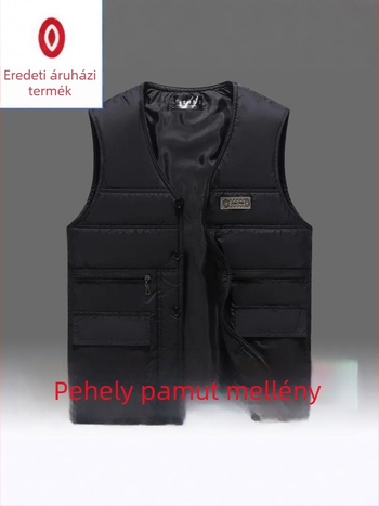 Férfi toll-pamut keverék mellény fleece béléssel, laza szabás, V-nyakú, egy soros záródás, kapucni nélkül, patch zsebek