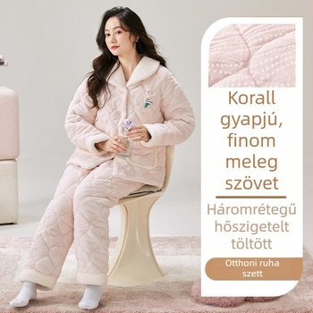 Korall bársonyból készült pizsama szett, extra vastag töltet, rever gallér, hosszú ujjú