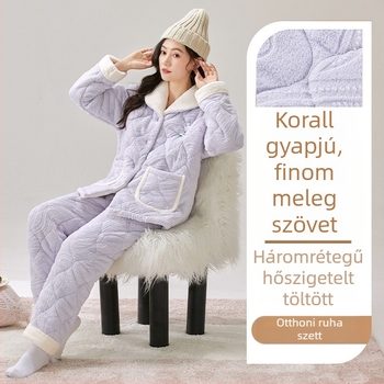 Korall bársonyból készült pizsama szett, extra vastag töltet, rever gallér, hosszú ujjú