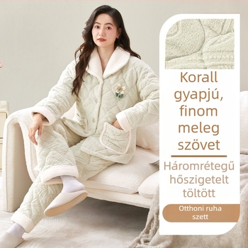 Korall bársonyból készült pizsama szett, extra vastag töltet, rever gallér, hosszú ujjú