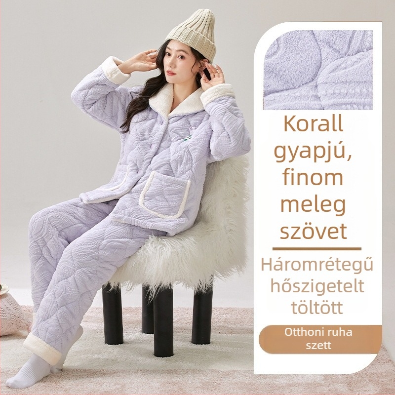 Korall bársonyból készült pizsama szett, extra vastag töltet, rever gallér, hosszú ujjú