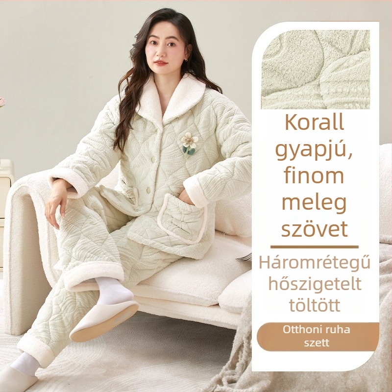 Korall bársonyból készült pizsama szett, extra vastag töltet, rever gallér, hosszú ujjú