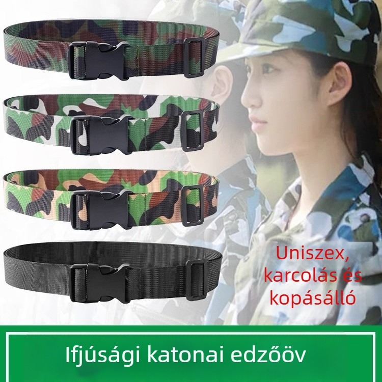 Katonai edzőöv – nylon öv műanyag csattal, zárócsattal záródó, szélesség 2–4 cm, egyedi stílus