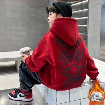 Fiúknak szóló kapucnis fleece pulóver, 90% pamut, hosszú ujjú