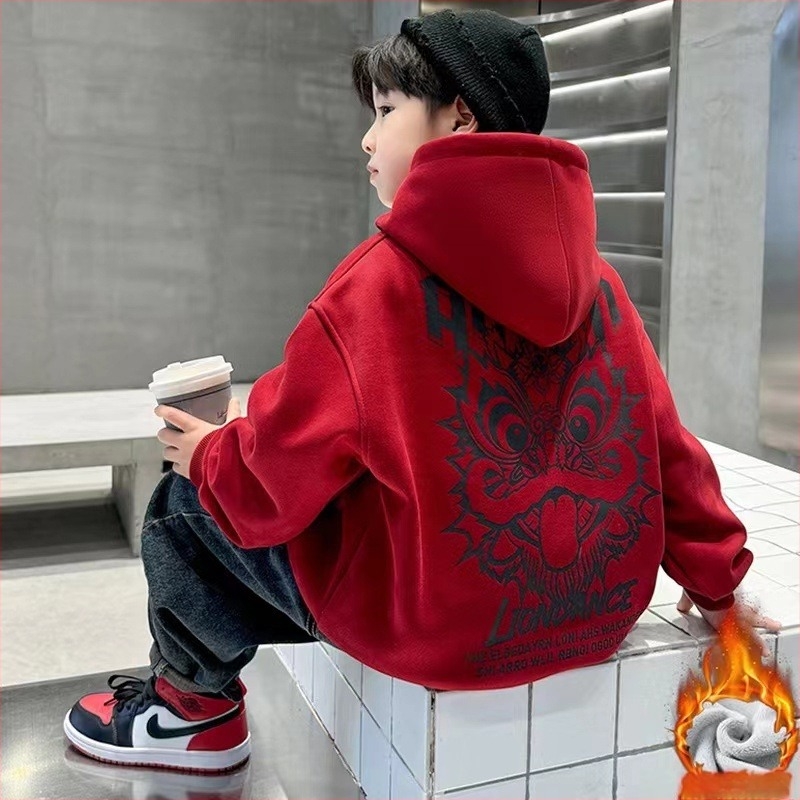 Fiúknak szóló kapucnis fleece pulóver, 90% pamut, hosszú ujjú