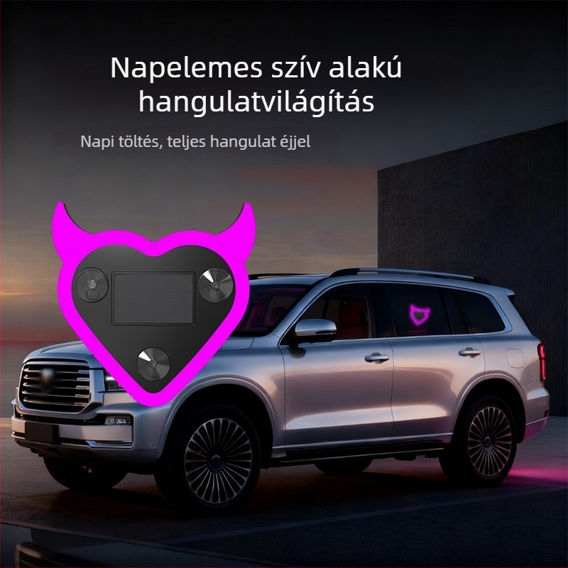 Autó belső LED dekor fény – napelemes, vezeték nélküli, szív alakú, háromszög ablakhoz, C-pillér neonfény, szívócsés rögzítés, 12V, 4W, modell T0746
