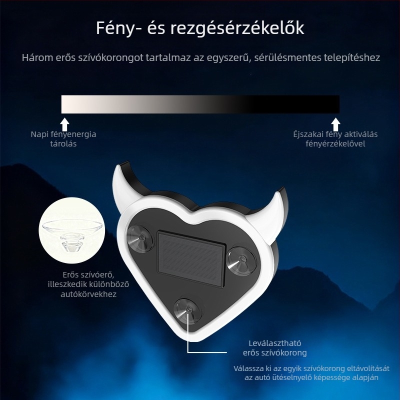 Autó belső LED dekor fény – napelemes, vezeték nélküli, szív alakú, háromszög ablakhoz, C-pillér neonfény, szívócsés rögzítés, 12V, 4W, modell T0746
