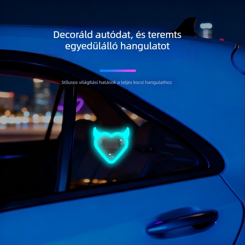 Autó belső LED dekor fény – napelemes, vezeték nélküli, szív alakú, háromszög ablakhoz, C-pillér neonfény, szívócsés rögzítés, 12V, 4W, modell T0746