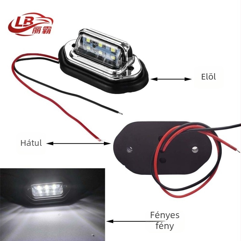 6 LED-es 12-24V rendszámtábla világítás teherautókhoz, ABS műanyag
