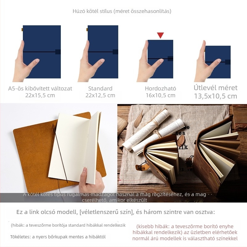 Notesz természetes bőr borítóval, gyűrűs kötés, PVC oldalakkal, 110 g/m² papírral, 1–50 oldal, japán-koreai stílus
