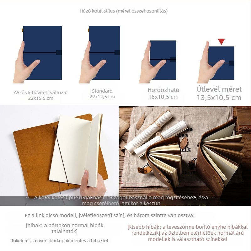 Notesz természetes bőr borítóval, gyűrűs kötés, PVC oldalakkal, 110 g/m² papírral, 1–50 oldal, japán-koreai stílus