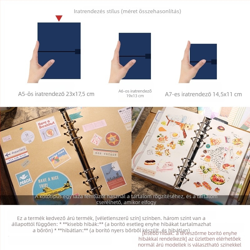Notesz természetes bőr borítóval, gyűrűs kötés, PVC oldalakkal, 110 g/m² papírral, 1–50 oldal, japán-koreai stílus