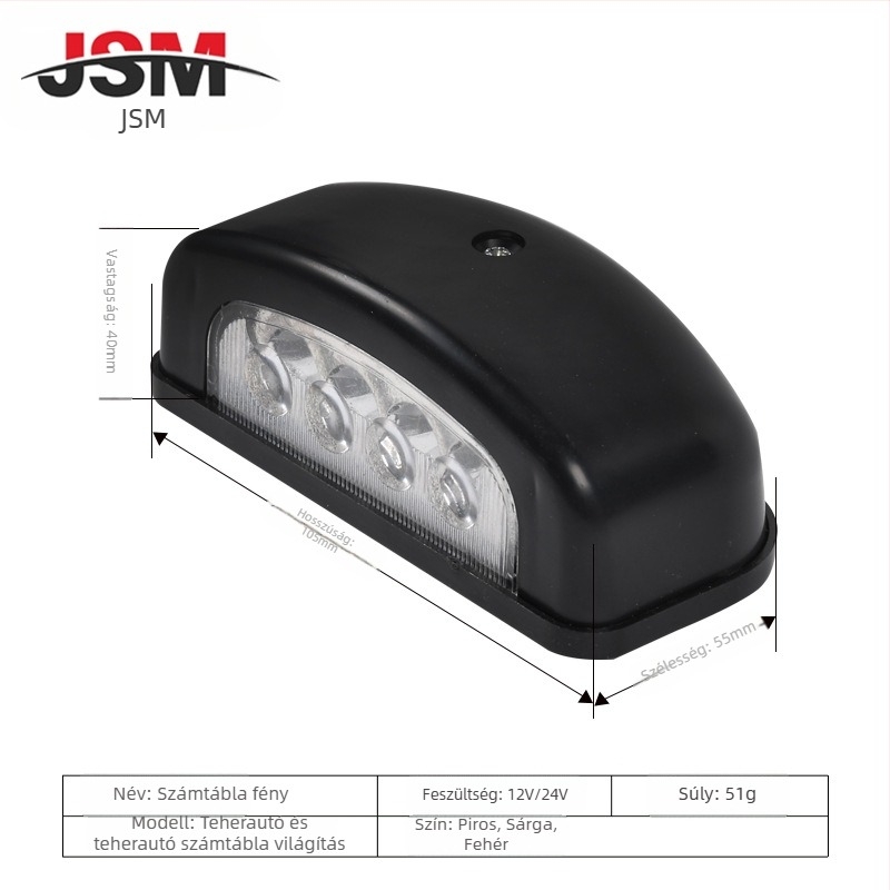 Kamion regisztrációs LED lámpa, 24V/12V, 4×0.5W, 6000K, élettartam 20 000 óra, univerzális teherautókhoz és utánfutókhoz