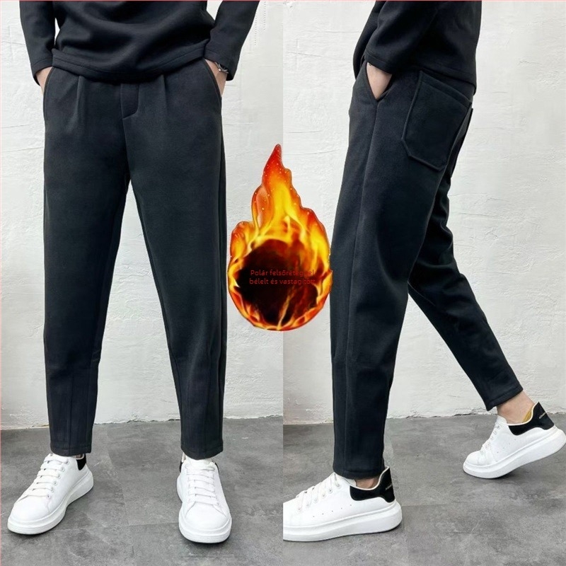 Férfiak számára kényelmes fleece bélelt nadrág, laza szabású egyenes, téli, középmagas deréktáj, 9/10 hossz