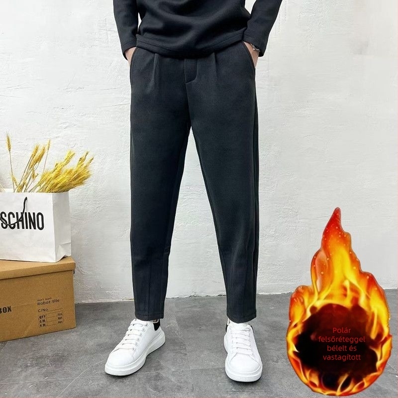 Férfiak számára kényelmes fleece bélelt nadrág, laza szabású egyenes, téli, középmagas deréktáj, 9/10 hossz