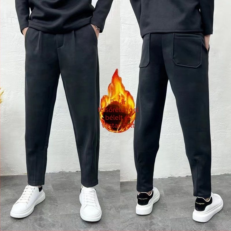 Férfiak számára kényelmes fleece bélelt nadrág, laza szabású egyenes, téli, középmagas deréktáj, 9/10 hossz