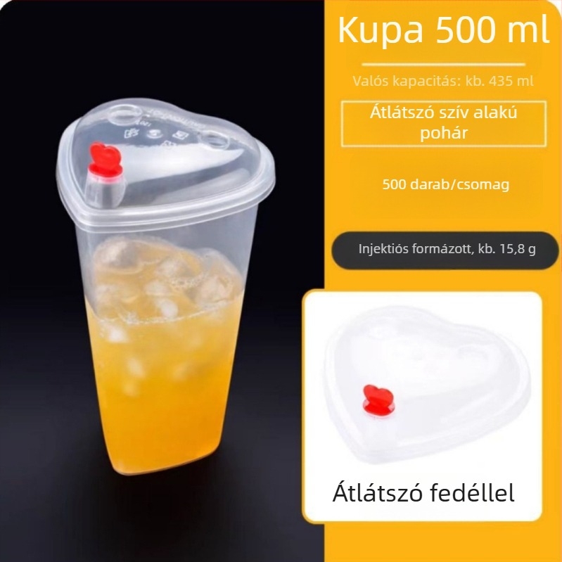 Egyszer használatos műanyag pohár szív alakú formájú italokhoz (PP), fedéllel, kapacitás 501–600 ml, logó nyomtatásának lehetősége