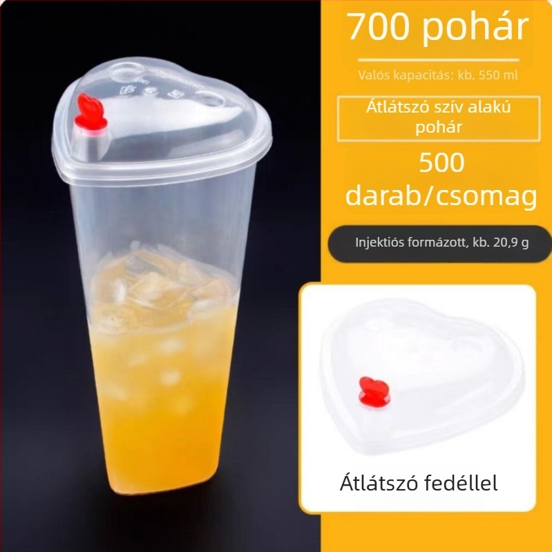 Egyszer használatos műanyag pohár szív alakú formájú italokhoz (PP), fedéllel, kapacitás 501–600 ml, logó nyomtatásának lehetősége