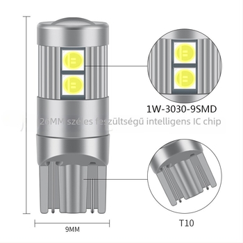 Autó LED rendszám világítás, nagy fényerő, széles feszültségtartomány, T10 3030 9SMD