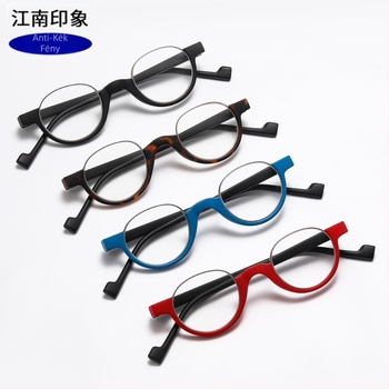 Olvasószemüveg anti-kék fény szűrővel, kör keret, félkeret, AC lencsék, keret fém és PC