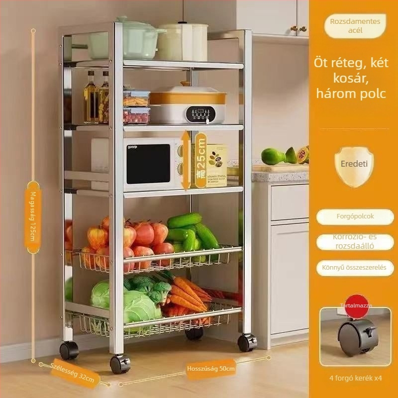 6-szintes padlóra álló konyhai tárolóállvány, multifunkcionális, mozgatható, edények és nassolnivalók számára