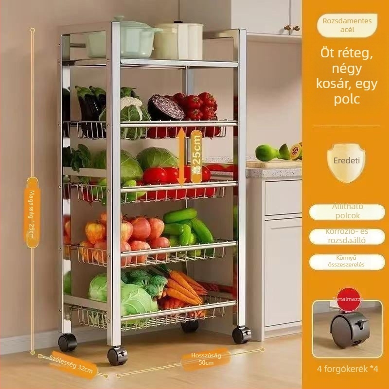 6-szintes padlóra álló konyhai tárolóállvány, multifunkcionális, mozgatható, edények és nassolnivalók számára