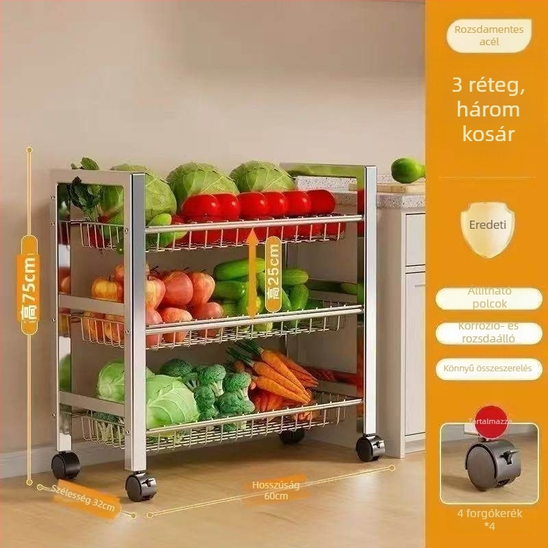 6-szintes padlóra álló konyhai tárolóállvány, multifunkcionális, mozgatható, edények és nassolnivalók számára