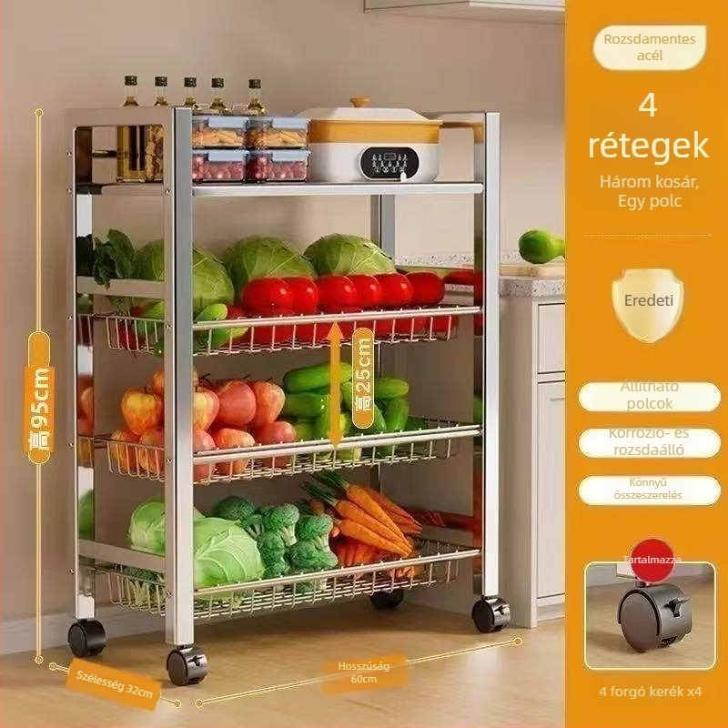 6-szintes padlóra álló konyhai tárolóállvány, multifunkcionális, mozgatható, edények és nassolnivalók számára