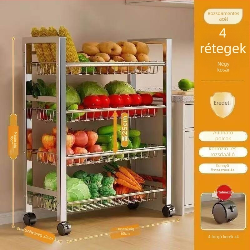 6-szintes padlóra álló konyhai tárolóállvány, multifunkcionális, mozgatható, edények és nassolnivalók számára