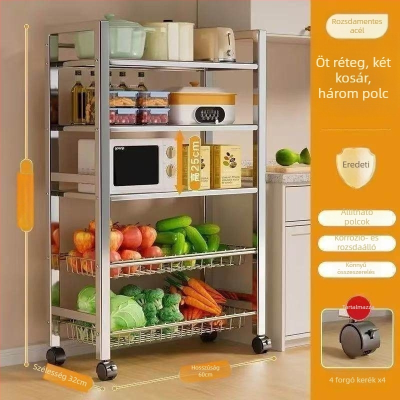 6-szintes padlóra álló konyhai tárolóállvány, multifunkcionális, mozgatható, edények és nassolnivalók számára