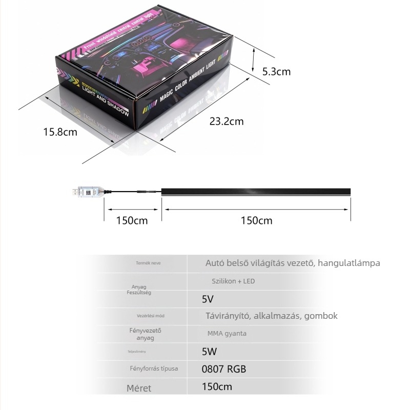 Autó LED világítás első szélvédőn rejtett hangszigetelő sávval, színes központi konzol ambient fény, univerzális autóvilágítás, 256 szín