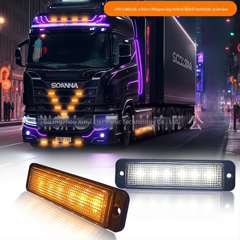 Kamion elülső rács LED riasztófénye, 24V, 4W, PC/ABS, alkalmas furgonra, teherautóra és terepjáróra