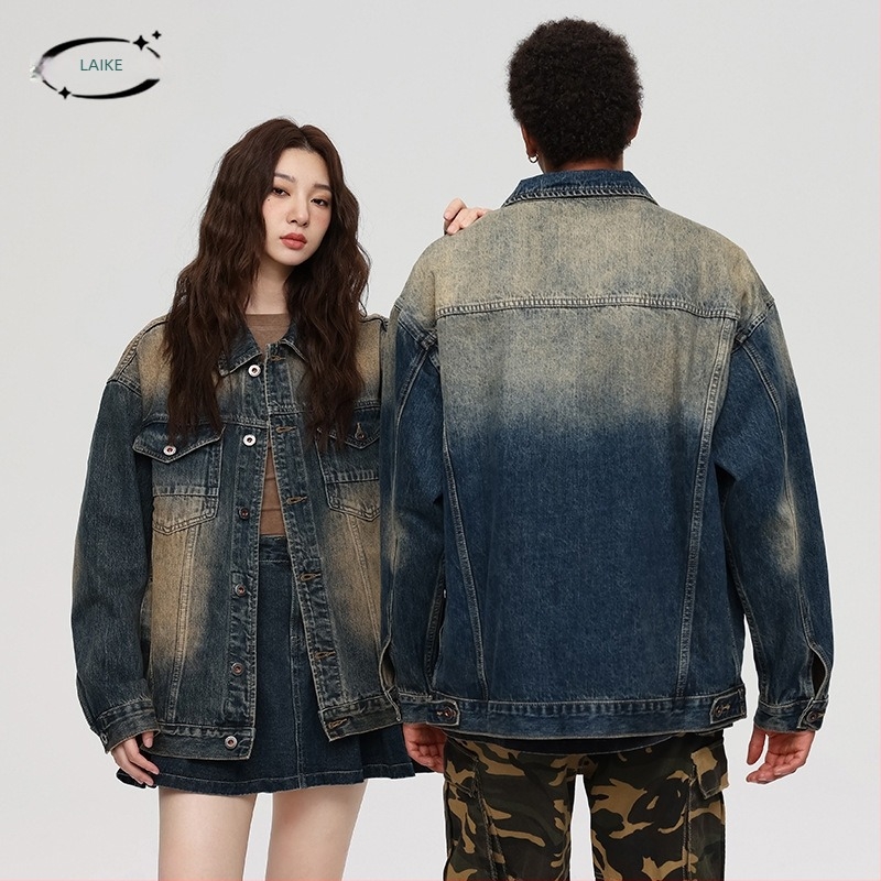 Laike férfi denim dzseki amerikai utcai stílusban, bő szabás, retro gradiens denim