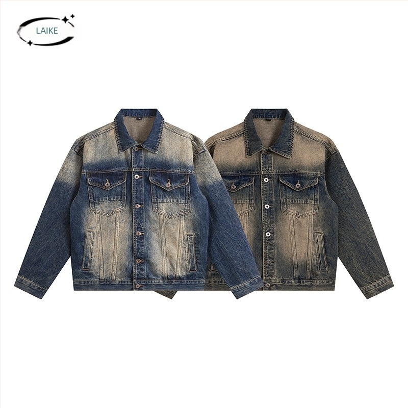 Laike férfi denim dzseki amerikai utcai stílusban, bő szabás, retro gradiens denim
