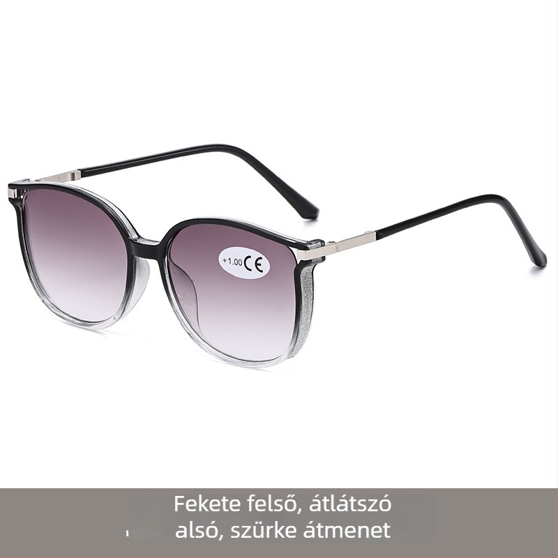 Progresszív olvasó szemüveg, nagy kerek keret PC‑vázzal és UV‑védett lencsékkel.
