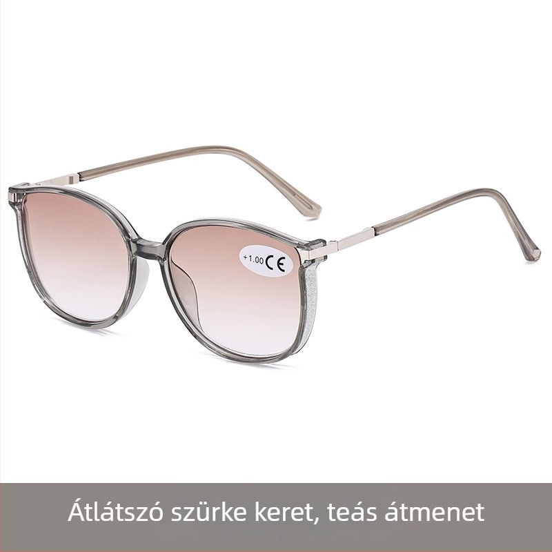 Progresszív olvasó szemüveg, nagy kerek keret PC‑vázzal és UV‑védett lencsékkel.