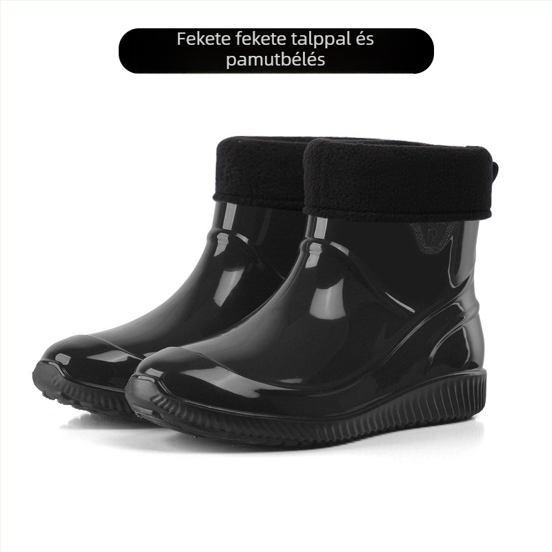 Férfi esőcsizmák műanyag felsőrésszel, vízállóak, csúszásmentesek, kopásállóak, belső mesterséges gyapjúval bélelve, rövid szárú, négy évszakos